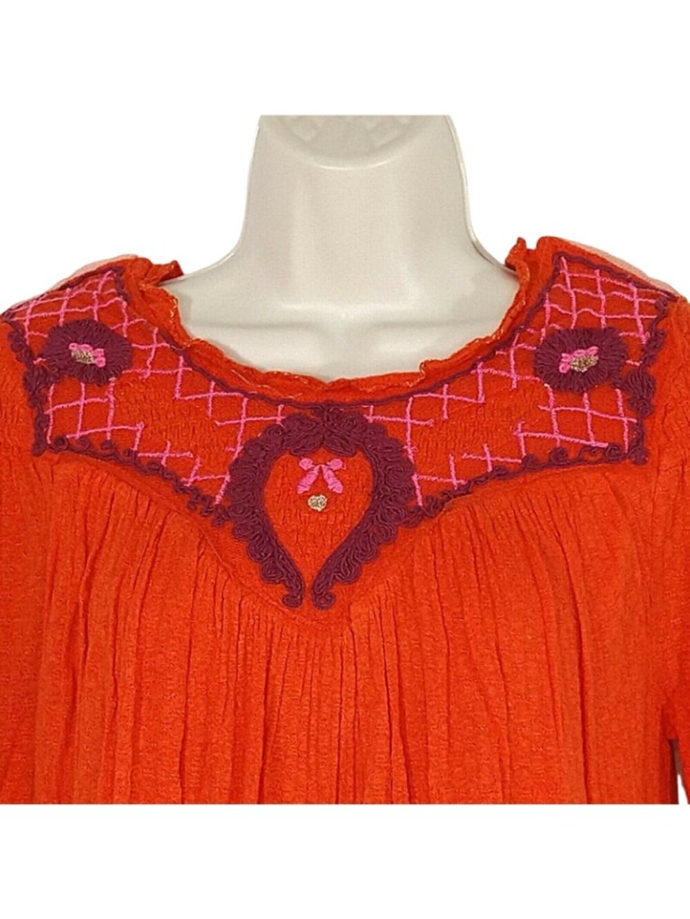 Free People Begonia Top Blouson Embroidered Boho Size XS Orange Purple Long Slv - Picture 2 of 10